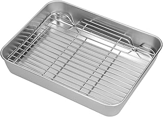 Stainless Steel Baking Tray Set with Rack, Non-Stick Polished Pan for Roasting and Grilling, 26.5 x 20.5 x 5 cm