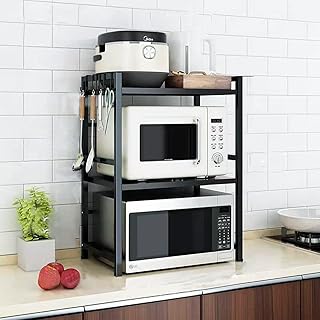 Jorunb Double Rack Oven Microwave Oven Rack Stand Toaster Oven Shelf Expandable Kitchen Counter Top Organizer Adjustable Height Length Heavy Large Capacity Stand with 6 Hook 25Kg/55 lb Weight (2 Tire)